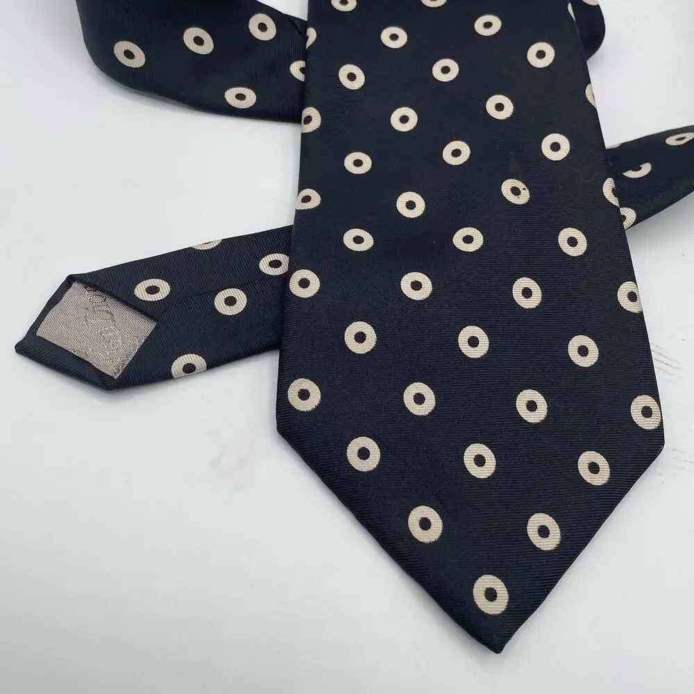 Vintage Christian Dior 100% Silk Necktie 57 Inch Black Bullseye Dots Pattern USA
